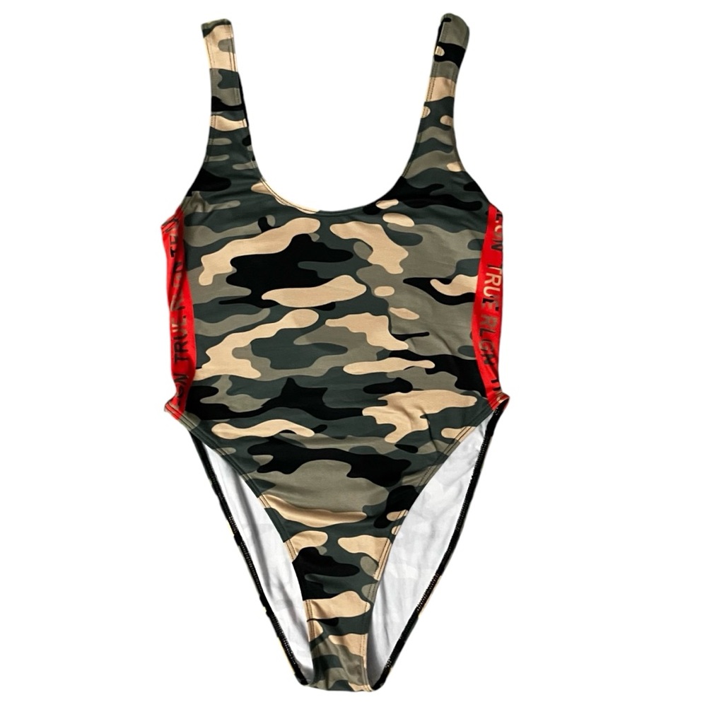 True Religion Camo Print Low Back High Cut Bodysuit with Contrast Logo